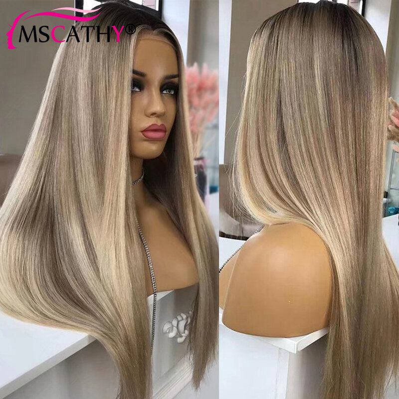 13x6 Ash Blonde Highlight Colored Lace Front Wigs For Women Brazilian Human Hair Straight Ombre Wig HD Lace Frontal Wig Prepluck