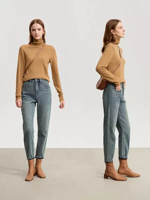AMII-Jeans minimalistas femininos, jeans grosso, calças na altura do tornozelo, pé estreito, mais velo, calça casual nova, 12324105, inverno, 2023