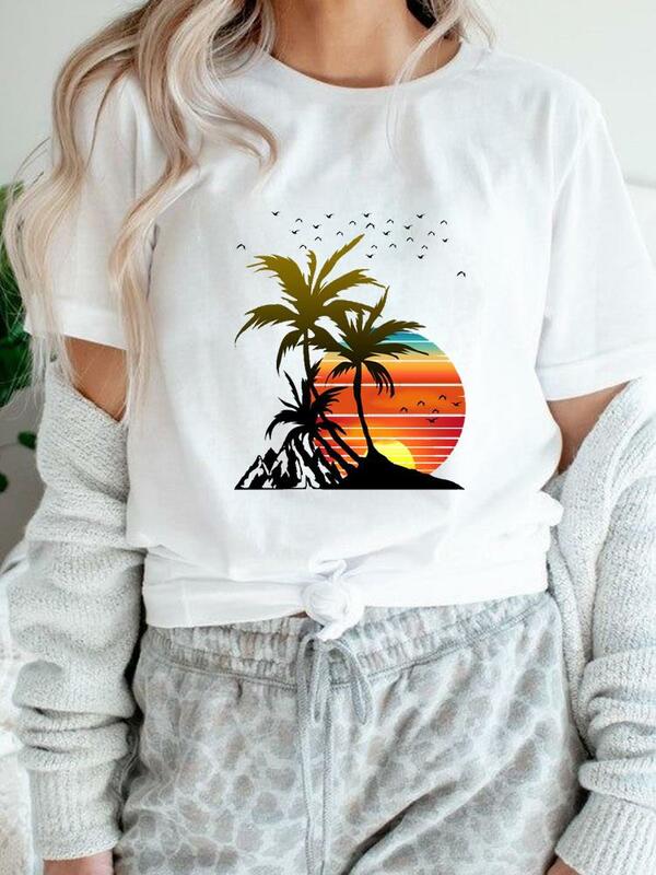 수채화 해변 사랑 귀여운 반팔 티셔츠 여성 여름 만화 셔츠, 여성 티셔츠 그래픽 패션 의류