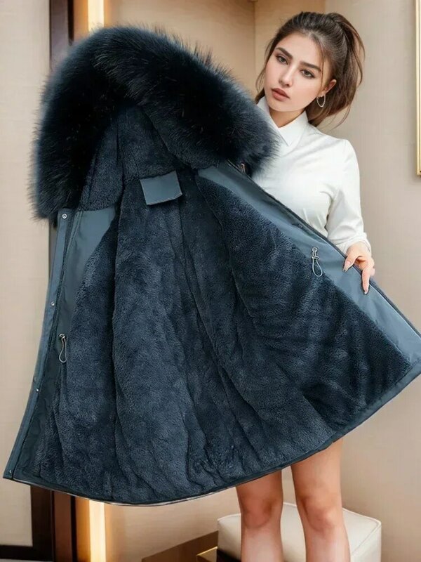 Chaqueta de plumón con capucha para mujer, abrigo elegante con aislamiento grueso, ropa de felpa delgada con Cuello de piel Parker, novedad de invierno, 2024