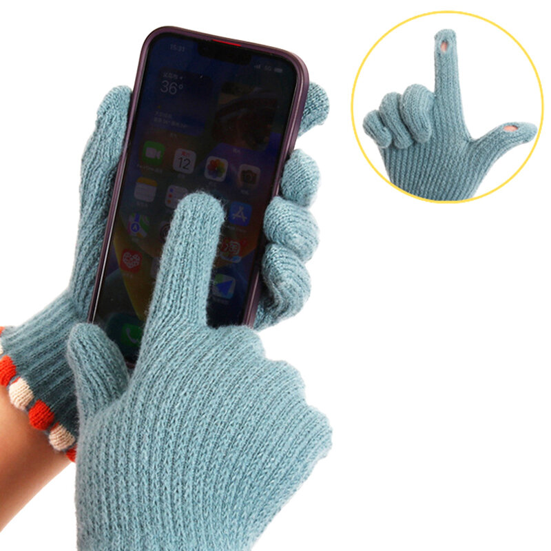 Женские вязаные перчатки, однотонные вязаные перчатки, перчатки для сенсорного экрана, зимние плотные теплые перчатки с пятью пальцами