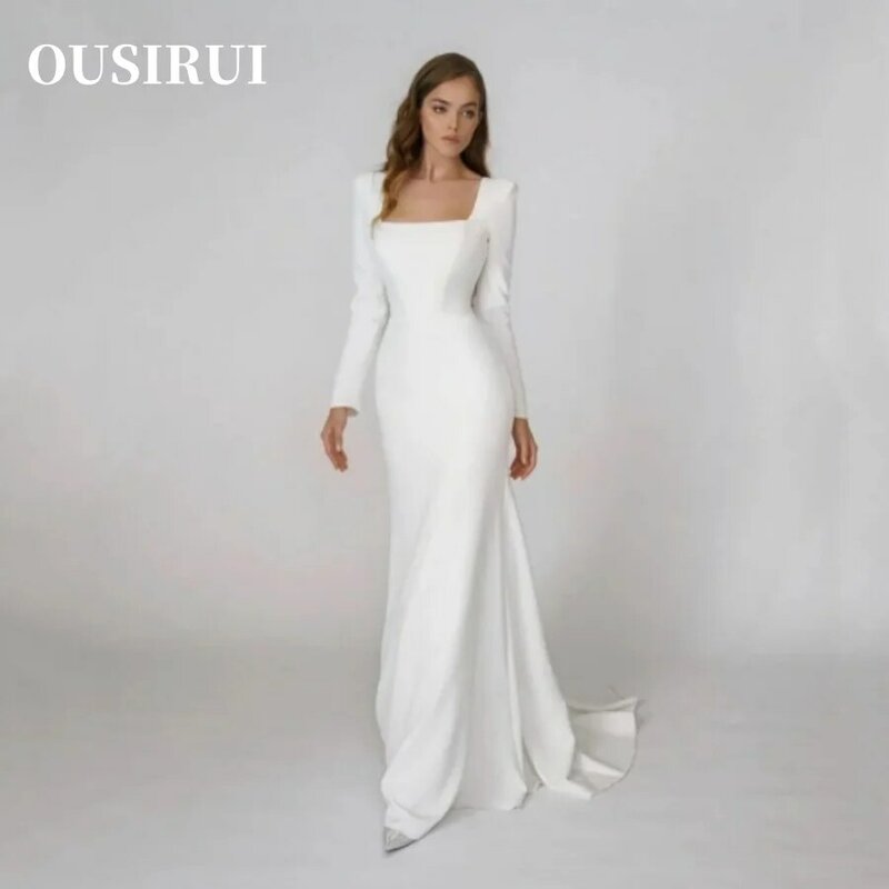 OUSIRUI Square Neck Long Sleeves Backless Party Bridal Dress Bride Dress Elegant Satin Mermaid Wedding Dress Vestido De Noiva