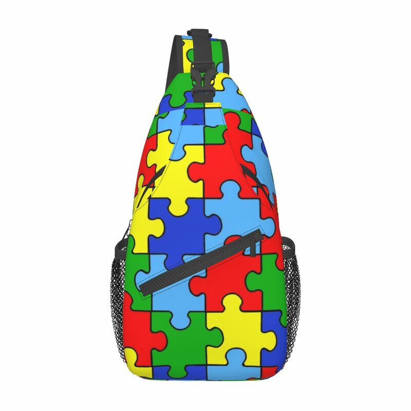 자폐증 퍼즐 조각 리본 소형 슬링백, 가슴 크로스바디 숄더 배낭, 야외 하이킹 데이팩, 인식 패션 가방