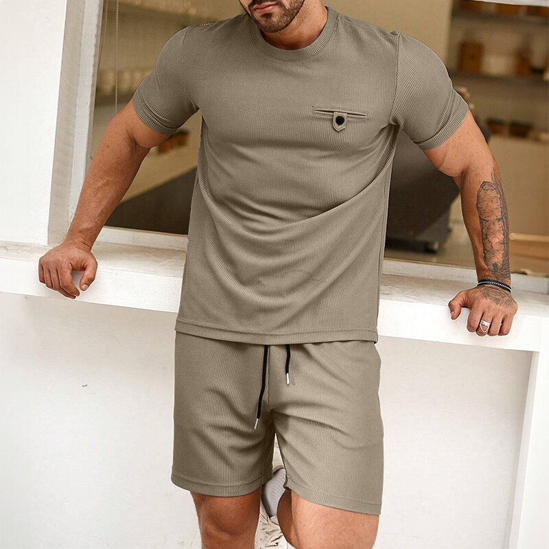 남성용 운동복 2 피스 세트, 단색 스포츠 와플 세트, 반팔 티셔츠 및 반바지, 캐주얼 패션 남성 의류, 여름 신상