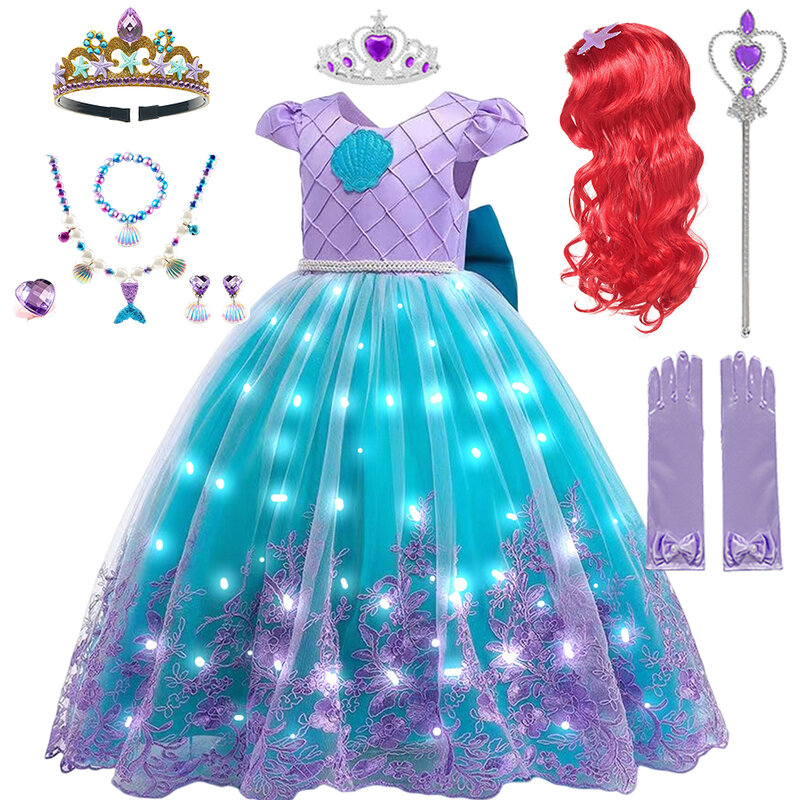 Disney-roupa de sereia com luz LED, Ariel Tutu, vestidos de princesa, festa de aniversário, Halloween Dress Up, Dress Up