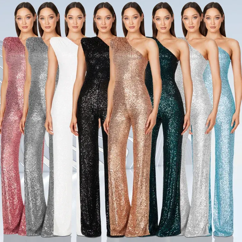 Women Elegant Long Jumpsuits Sexy Glitter Sequin Club Ladies Playsuits Slanted Collar Party Fashion Backless Solid Romper 2024
