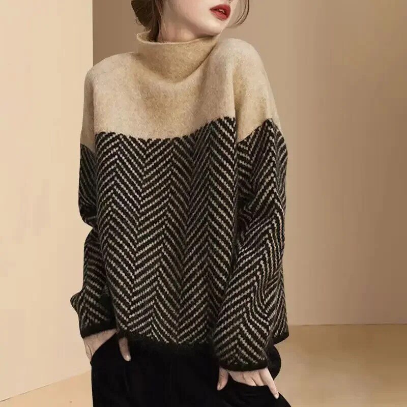 Pullover larghi con collo mezzo alto impiombato maglione caldo morbido da donna autunno spesso tira maglioni lavorati a maglia a righe Casual maglioni Vintage