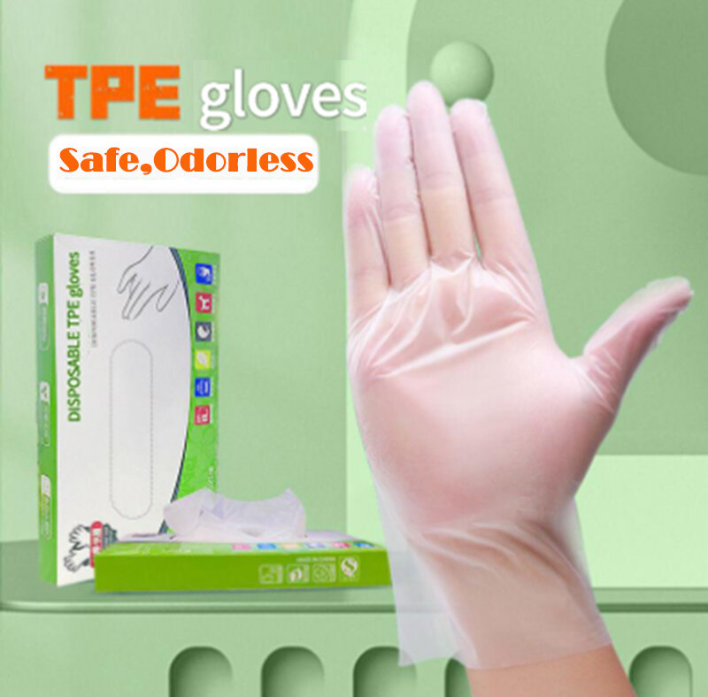 100Pcs Latex Free Gloves TPE Disposable Gloves Transparent Non-Slip Acid Work Safety Food Grade Household Cleaning Gloves