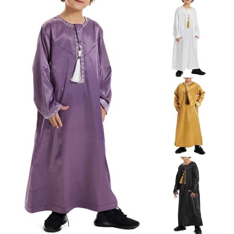 Abaya Islamitische Gewaad Moslims Jurken Djellaba Eenvoudige Applique Shirt Arabische Jurk Tienerjongen Etnische Kleding
