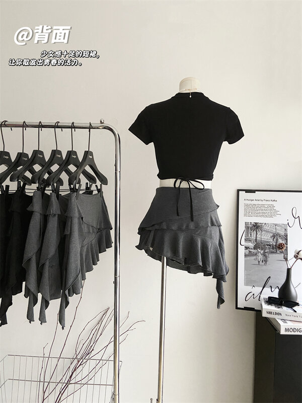 Women Grey A-line Pleated Skirt Vintage Y2k 90s Mini Skirt Harajuku Korean Asymmetrical Skirt 2000s Fashion Clothes Summer 2024