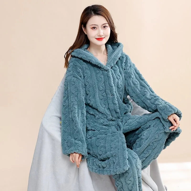 Fashion Female Pajamas Flannel Sleepwear Set 2023 New Women's Autumn Winter Coral Velvet Long Pyjamas 2-Piece Set Home Clothing
