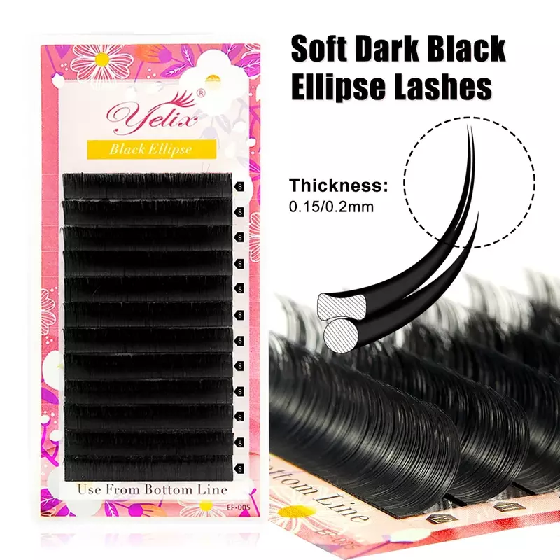 Yelix 6-19mm Ellipse Eyelashes Extension 0.2mm Dark Black flat lashes split tips False Eyelashes Matte Cashmere Lashes