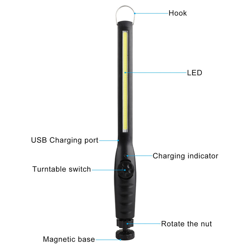 Lampe de Poche Magnétique à LED COB, Torche de Travail, Crochet Rechargeable par USB, Tactile, Portable, Inspection, Camping, Réparation Automobile
