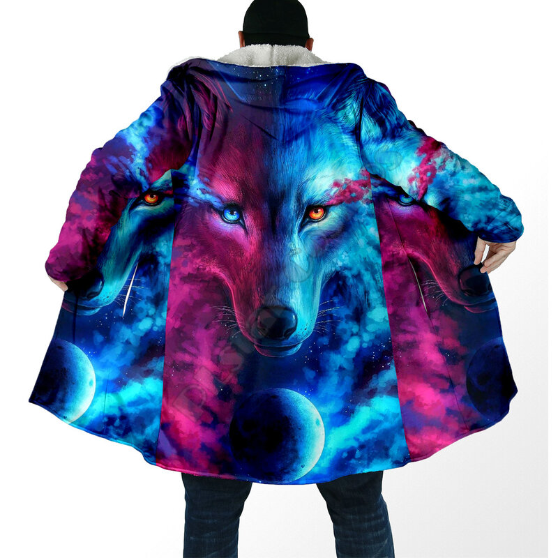 Psychedelic Wolf 3D All Over Printed Fashion Winter Men/Women Hooded Cloaks Fleece Wind Breaker Unisex Casual Warm Overcoat