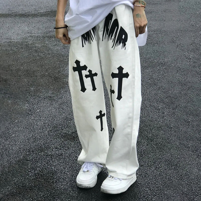 Sprane dżinsy w stylu amerykańskim męskie modne spodnie proste marki białe luźne spodnie na co dzień na deskorolkę na ulicę spodnie neutralne Hiphop