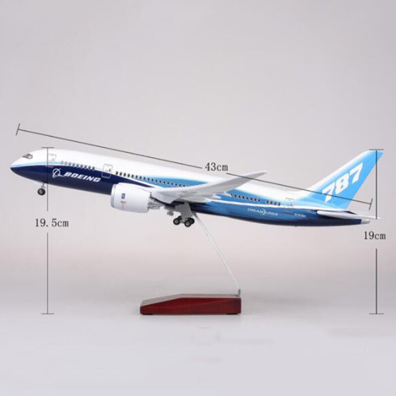 Diecast modelo de avião civil com luz, protótipo, Boeing 787, avião de resina, coleção Display presentes, 47cm, 1:150