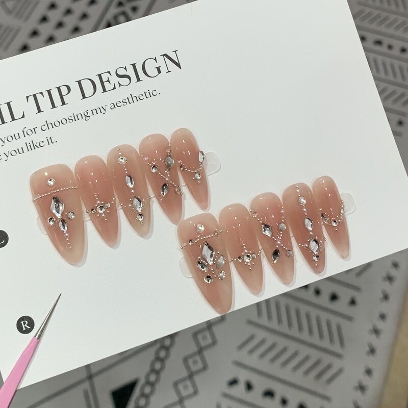 10Pcs Pink Handmade Press on Nails Full Cover Flowers Rhinestone Design Shiny Almond False Nails Wearable Manicure Nail Tips Art