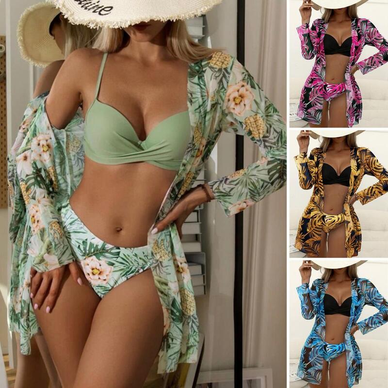 Fato de banho estampado floral para mulheres, biquíni com cobertura, moda praia de cintura alta verão, sutiã de sling, 3 peças