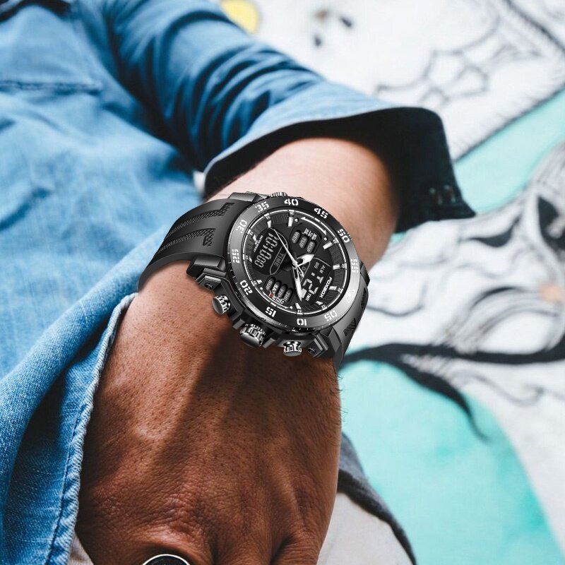 LIGE moda sportowy zegarek dla mężczyzn silikonowy pasek podwójny wyświetlacz cyfrowy zegarki wojskowe świecące kwarcowe zegarki na rękę