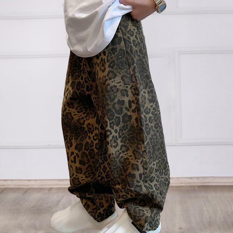 Calças Hop com estampa de leopardo solta para homens, bolsos respiráveis, estilo retrô, calças compridas, streetwear