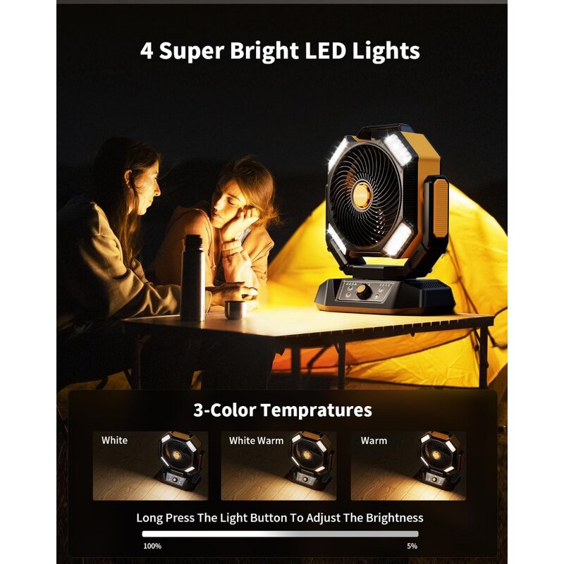 電池式キャンプファン、4 LEDライト、8速デスクファン、リモコン付き、フック付きポータブル充電式屋外ファン