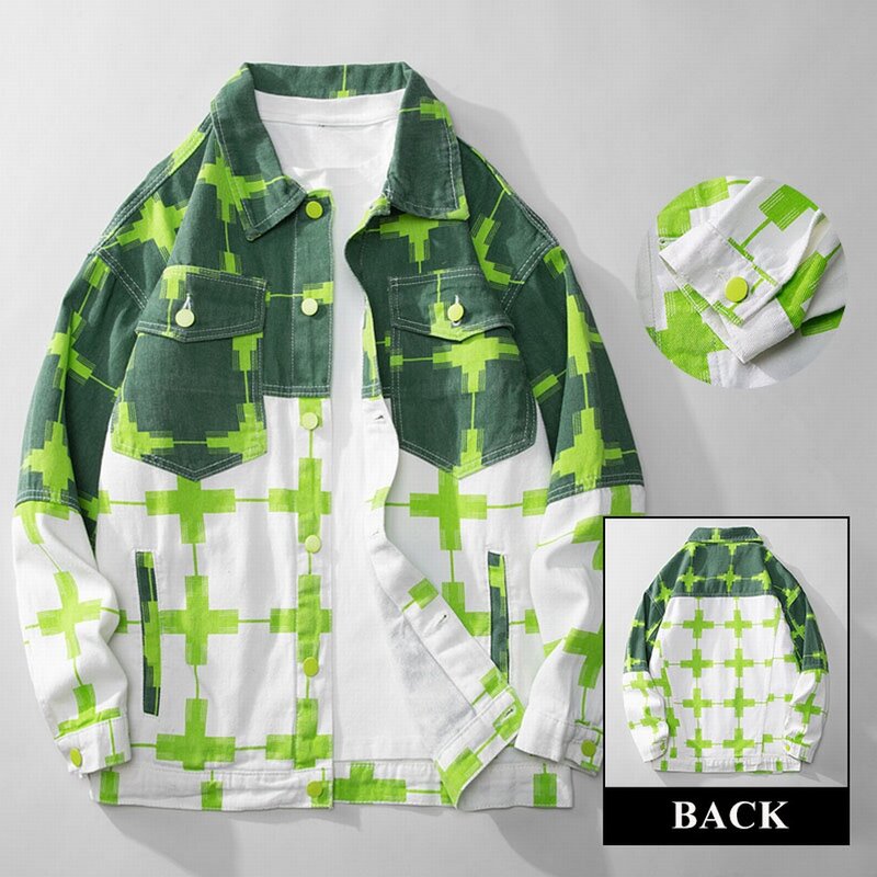 Y2K 크로스 프린트 그린 화이트 스플라이스 데님 재킷, 루즈 스트리트웨어, 자케타 청바지, 남성 코트, 용수철 가을