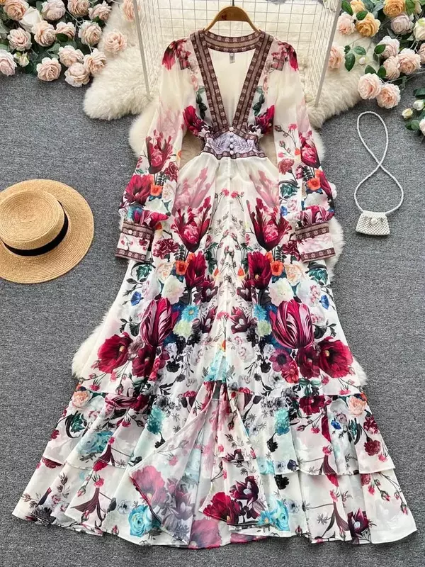 2024 Fashion Runway splendido fiore Chiffon cascata Ruffles Dress donna profondo scollo a V manica lunga stampa floreale Boho Robe Vestido