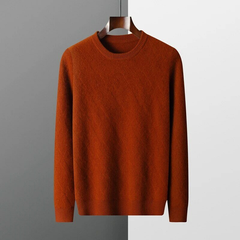 Pulôver de gola redonda masculino, suéter monocromático 100% caxemira, blusa respirável, high-end, outono, inverno