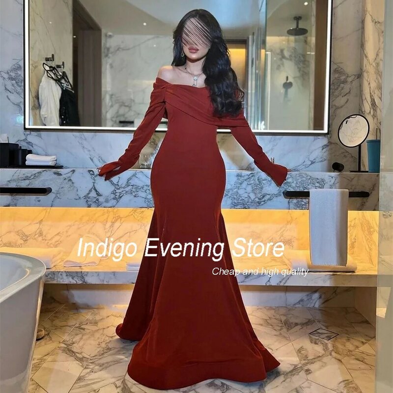 Indigo Prom Dress Mermaid Long Sleeve Off The Shoulder Pleat Open Back Simple Satin Strapless Evening Gowns For Women فساتين الس
