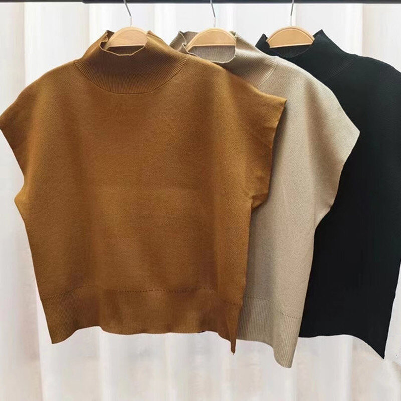 Fashion Vest Shirt Solid Stand-up Collar Knitted Sweater Short Sleeve Office Lady Loose Elegant  All-Match Straight Tops 20397