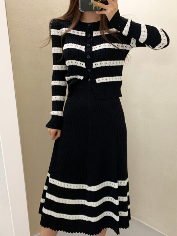 Striped Knitted 2 Piece Set Women Sweater Cardigan Tops + Long Skirt Sets Female Office Lady Two Piece Suits Korean Fashion 2022