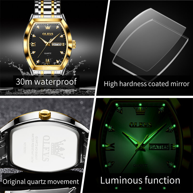OLEVS-Men's Tonneau Dial Quartz Watch, aço inoxidável, impermeável, luminoso, semana, data, Fashion Brand