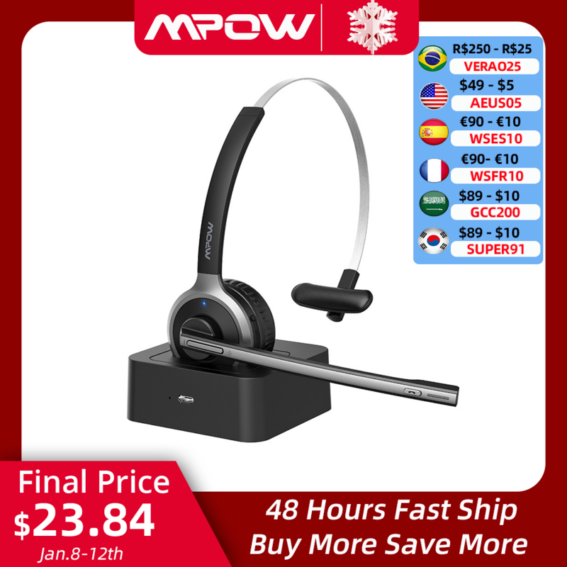 Mpow-M5 Fones de ouvido sem fio com microfone, base de carregamento, Bluetooth 5.0, fone de ouvido para PC, laptop, call center, escritório, 18h falando tempo
