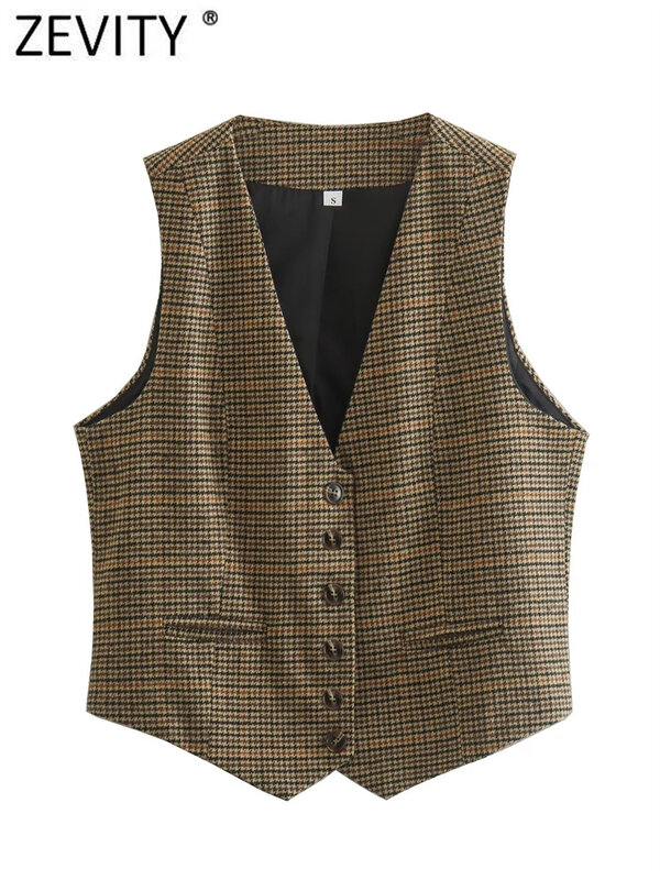 Zevity-Colete curto breasted vintage com estampa houndstooth feminino, jaqueta sem mangas para senhoras, colete casual, tops, novo, CT3053