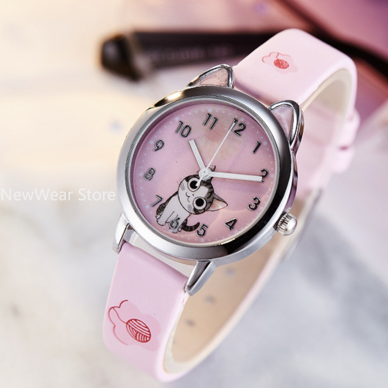 Jam tangan anak pola kucing keju lucu jam tangan Quartz Analog anak untuk wanita hadiah jam pelajar jam Relogio Feminino