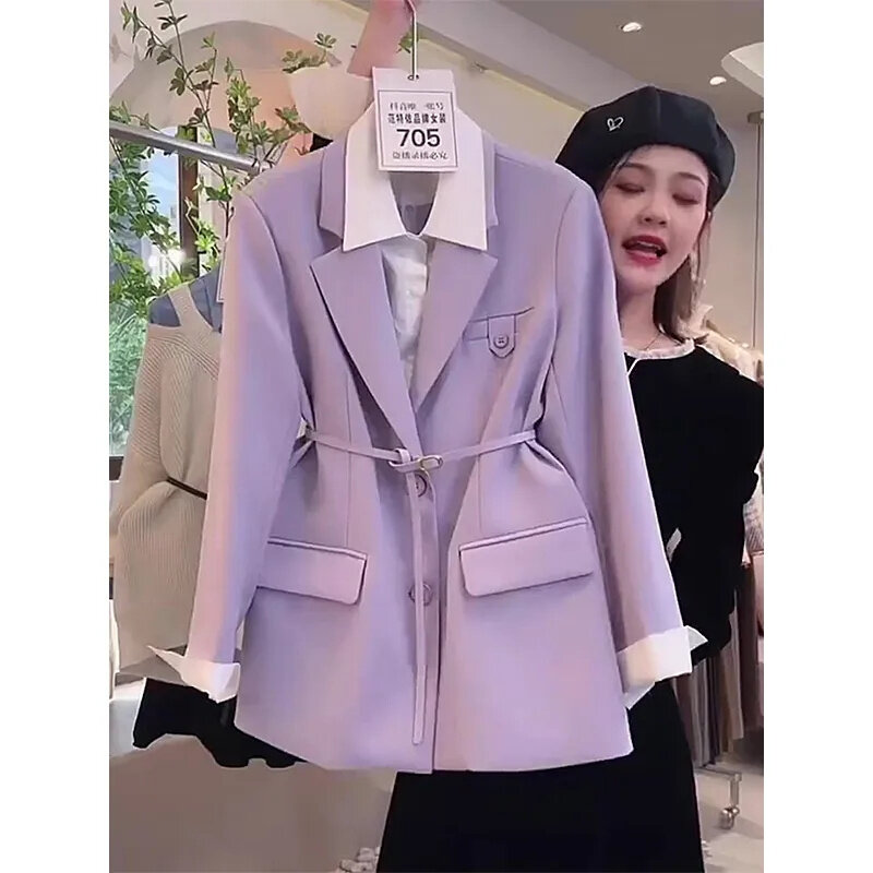 Female Spring Autumn Blazer 2023 High-Quality Temperament Designed Small Fragrance And Fake Two Pieces Purple Suits Jackets Top