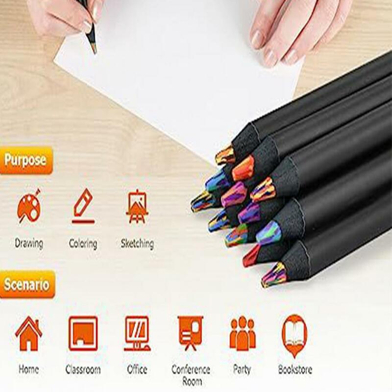12Pcs Black Wooden Rainbow Pencils Kit 12 Assorted Colors Adults Kids Drawing Coloring Sketching Multicolor Pencils Art Supplies