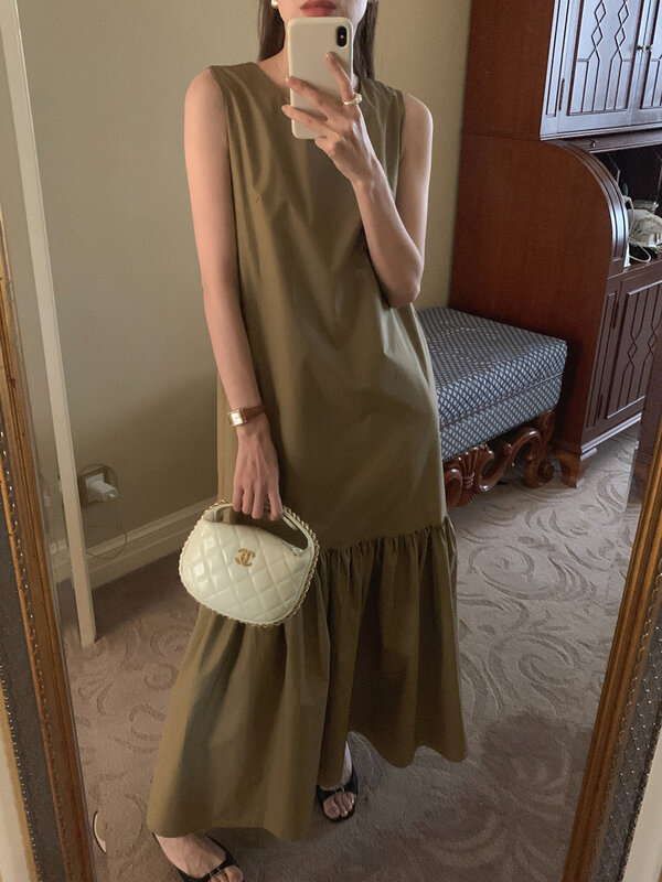 Gaun longgar Spaghetti tanpa lengan Korea untuk wanita elegan gaya Hepburn gaun Midi leher O baju jubah Maxi Vestidos musim panas