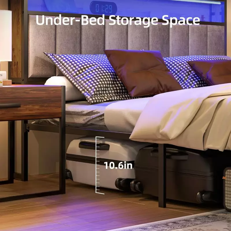 Bed Frame, Headboard with Storage and LED Lights, with 3 Charging Stations, No Box Spring, Easy To Assemble, Bed Frame