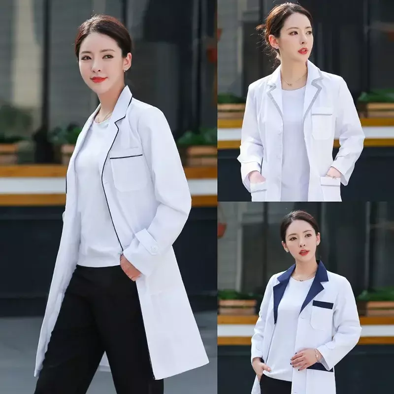 Casaco branco unissex de mangas compridas, uniforme médico, jaleco, bordado solto, roupas de trabalho, acessórios de enfermagem, alta qualidade, atacado