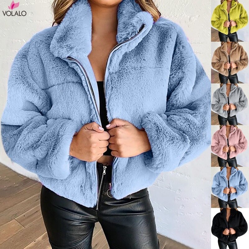 VOLALO-Chaqueta informal de piel sintética para mujer, abrigo de manga larga con bolsillos, con capucha, para otoño e invierno, novedad de 2024