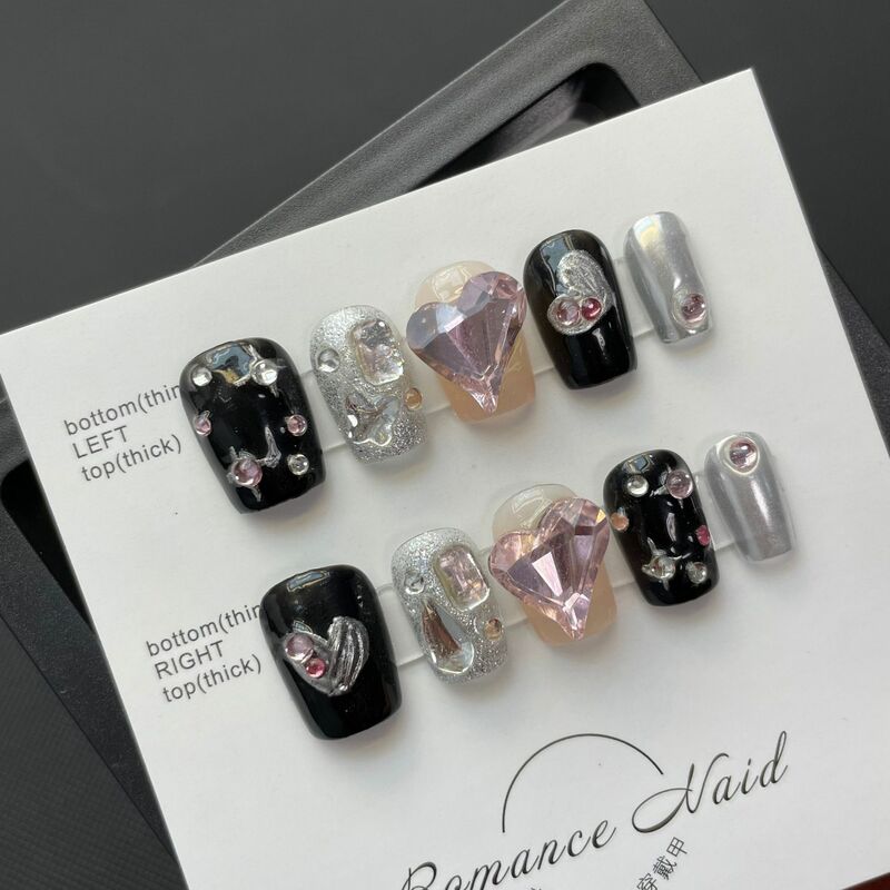 풀 커버 매니큐어 큰 하트 다이아몬드 가짜 손톱, 도구 키트 포함 웨어러블 인공 손톱, 블랙 핑크 수제 손톱 프레스