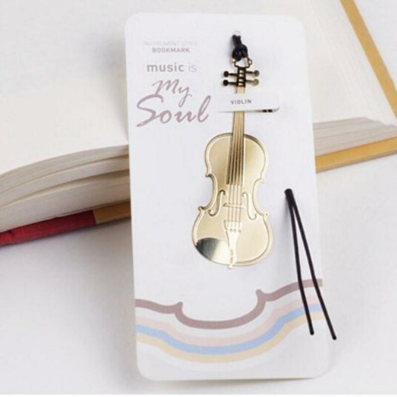 Violino Plated Metal Bookmark com colhedor, instrumentos criativos, marcadores de livros, escola papelaria suprimentos, 2pcs