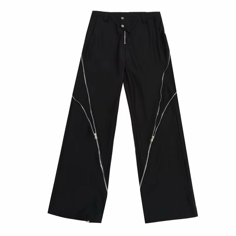 American Fashion Men Black Zipper Design Slit Slightly Flared Pants Vertical Feeling Straight Casual Pants Vintage Trousers Kpop