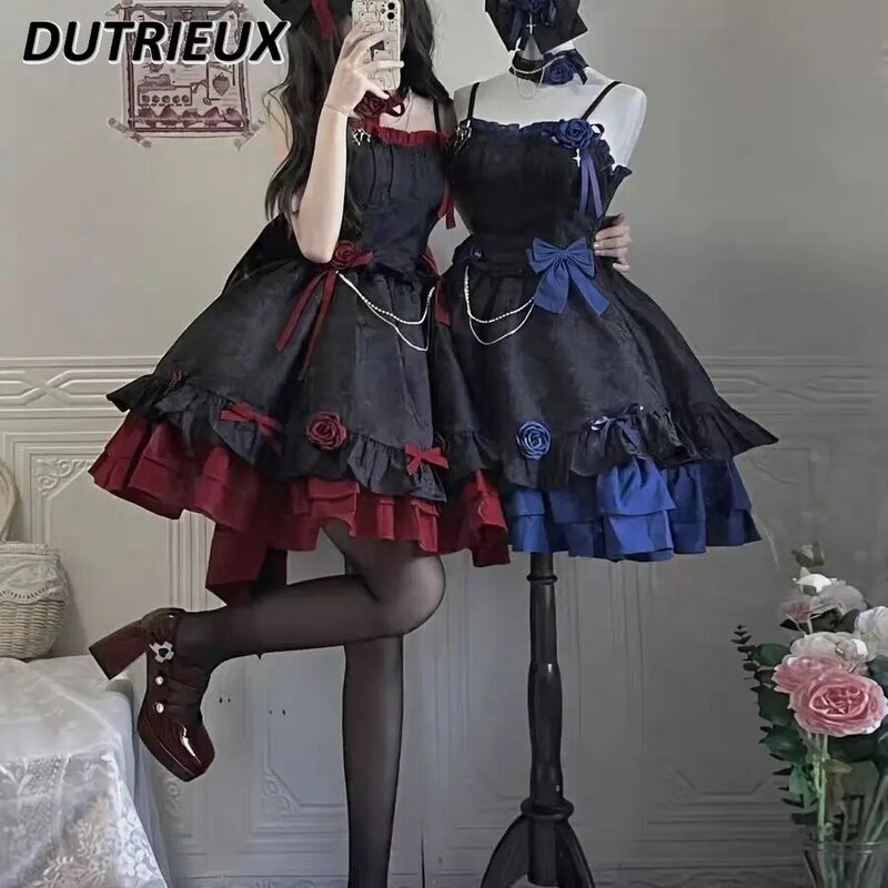 Lolita Jepang gaun tali Spaghetti pangkas pinggang tanpa lengan gaun Suspender gaya Goth gelap warna cocok