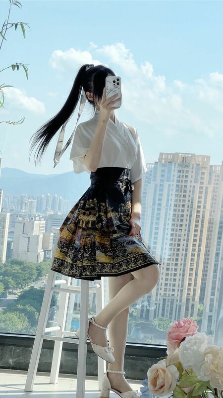 Saia meia hanfu modificada para mulheres, estampa com cintura alta, elegante e bonita, nova marca, rua primavera e verão