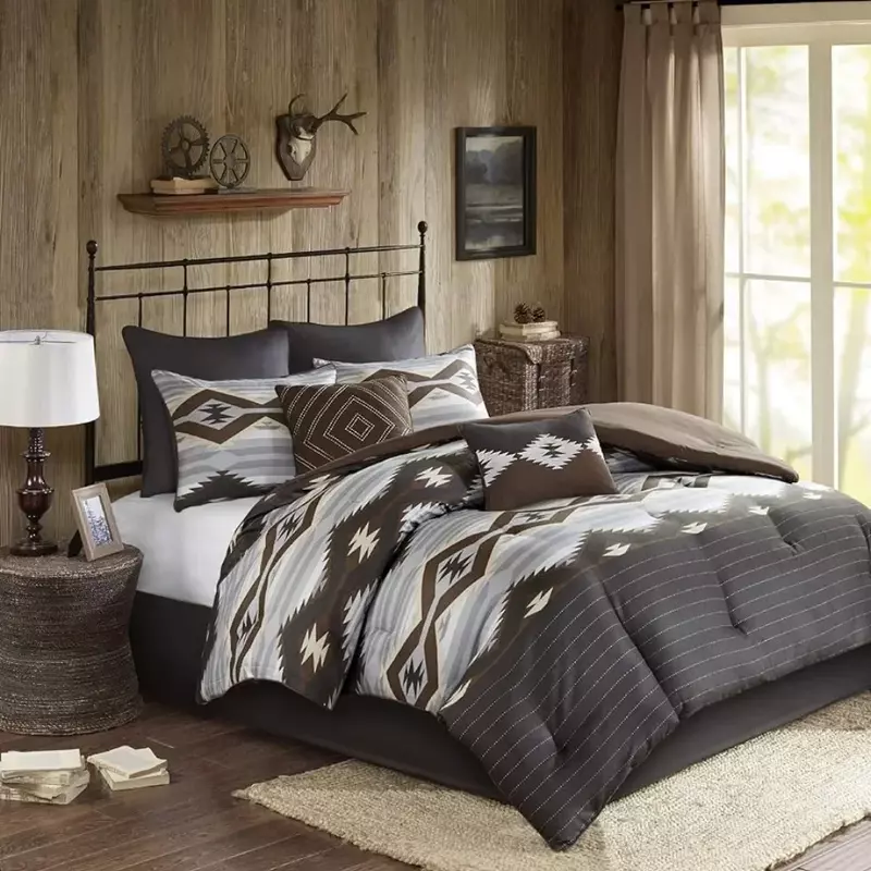 Down Alternative Comforter Set, Camada de cama quente e combinando Shams, Rainha extragrande, cinza e marrom Cor, toda a temporada