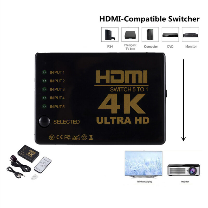 Grwibeou 4K 5X1 HDMI ที่แยกสายไฟ1080P Video Switcher 5อินพุต1เอาต์พุตพอร์ต HDMI Hub สำหรับ Xbox DVD PC HDTV แล็ปท็อปทีวี
