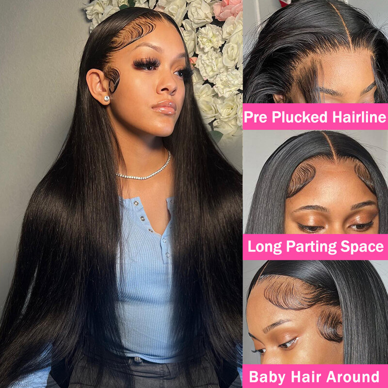 Peluca de cabello humano liso con encaje Frontal para mujeres negras, pelo Remy predespuntado con densidad de 250, 40, 48 pulgadas, 13x4, HD