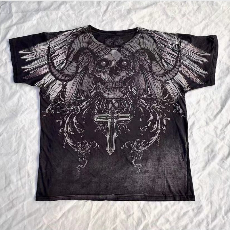 Camiseta holgada de manga corta para hombre, top de calle con estampado de Calavera, estilo gótico, retro americano, oscuro, 2024